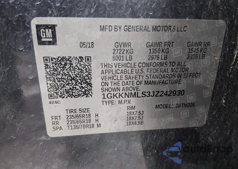 2018 GMC Acadia Slt-1 from USA, damaged, VIN 1GKKNMLS3JZ242930